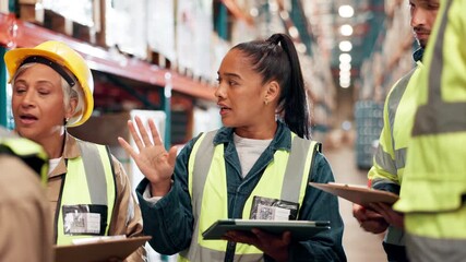 Aufkleber - Distribution, teamwork and tablet with meeting in warehouse for inspection, storage control and service delivery. Logistics, supervisor and stock checklist for inventory management and staff training