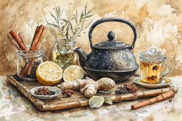 Canvas Print - A detailed watercolor scene showcasing a tea ceremony arrangement with a cast-iron teapot