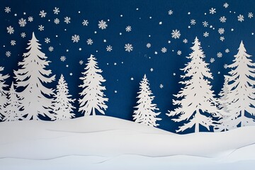 Canvas Print - A minimal paper cutout image of a winter forest with tall pine trees and snow-covered branches