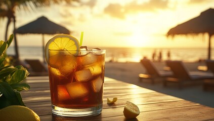 Wall Mural - A refreshing iced tea with lemon slices and ice sits on a table at a beach bar during sunset.