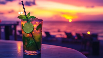 Wall Mural - A refreshing mojito with lime and mint sits on a table at a beach bar, as the sunset paints the sky