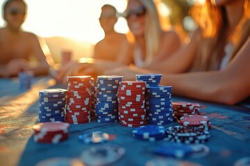 Poker Chips on a Table with Blurred Friends in Background.