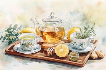 Sticker - A watercolor scene of a cozy tea ceremony with a glass tea pot