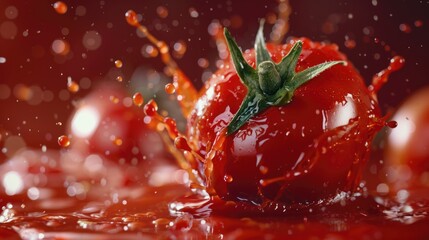 Wall Mural - Close-up shot of a tomato getting splashed with water