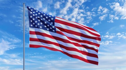 A dramatic capture of the American flag, its colors vivid and striking, with a brilliant blue sky providing a simple yet powerful backdrop.