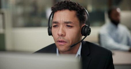 Poster - Employee, man and headset as call center agent on consulting with client on sales for insurance cover or life policy. Male person, office and computer on telemarketing, customer advice and support