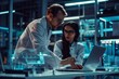 © Piyaphorn - Portrait of female and male engineers working together on a laptop to analyze artificial intelligence software in a high-tech research office. Collaboration and innovation in technology.