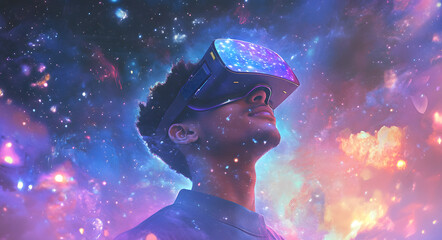 Wall Mural - A Young Man Wearing VR Glasses is Standing in the Center of a Virtual Reality Environment

