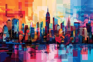 Wall Mural - Vibrant cityscape painting with water, colorful buildings, reflections, urban art, A vibrant city skyline with colorful abstract shapes blending with the architecture, AI generated