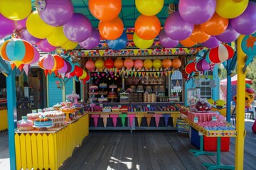 A vibrant carnival setting filled with birthday delights, Vibrant circus birthday party table featuring a colorful cake, balloons, and party hats, AI generated