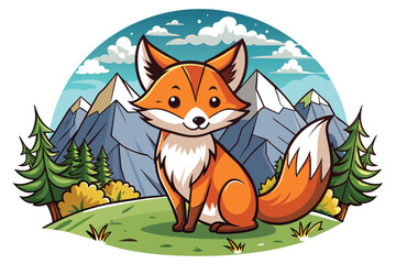 Wall Mural - Cartoon Fox Sitting in a Mountainous Landscape