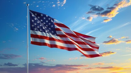 The American flag soaring high and mighty, its stars and stripes standing out vividly against a serene, cloudless blue sky.