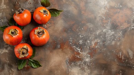 Wall Mural - Persimmon fruit on brown background top view with copy space