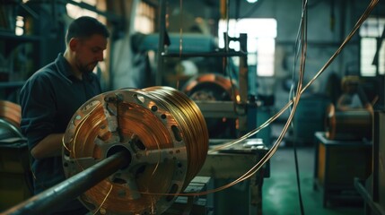 Poster - A person working on industrial equipment in a modern factory setting, possibly suitable for use in business or industry-related contexts