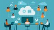 © GenerativeAIpicture - Cartoon vector virtual collaboration through cloud computing with team members connecting remotely