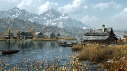 Canvas Print - Picturesque Lakeside Village with Snow-Capped Mountains