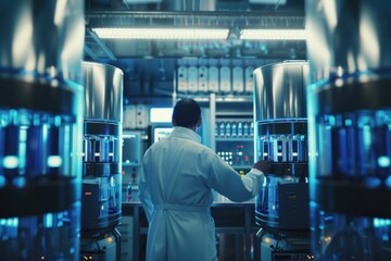 Poster - A scientist in a lab coat tinkering with a machine, focus on precision and detail