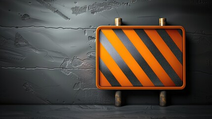 A realistic rendering of a construction sign, bright orange with reflective stripes