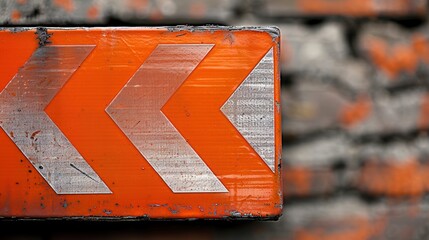 A detailed close up of a construction sign, bright orange with reflective stripes