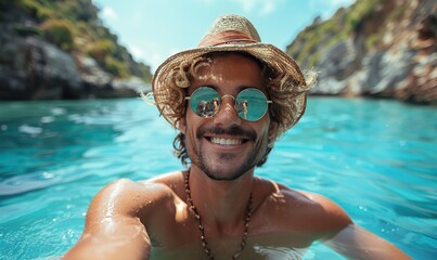 A happy, handsome man is taking a selfie on a tropical island during summer vacation.