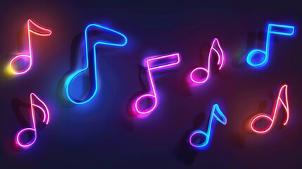 Poster - Colorful collection of neon music notes, glowing brightly against a dark background.