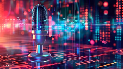 Poster - Vintage microphone stands in the center of a futuristic, digital world, illuminated by vibrant neon lights, representing the convergence of retro technology and modern innovation.
