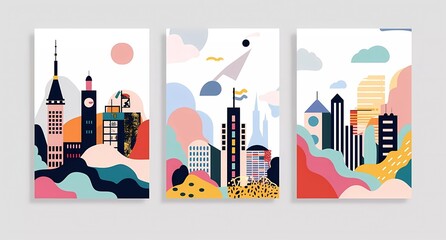 Canvas Print - Abstract vector art designs of three different postcards featuring a classic cityscape, retro characters and symbols