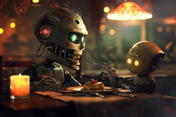 Poster - A robot and a human sharing a meal, AI generated