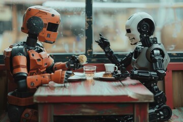 Poster - A robot and a human sharing a meal, AI generated