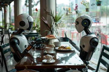 Poster - Two robotic figures seated at a table, having a meal, A robot and a human sharing a meal, AI generated