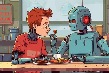 Poster - Two robotic figures seated at a table, having a meal, A robot and a human sharing a meal, AI generated