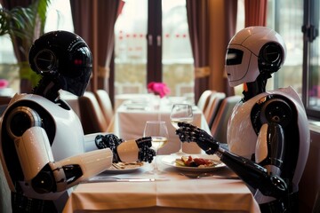 Poster - Image of two robots dining at a table, A robot and a human sharing a meal, AI generated