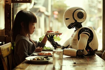 Poster - robot enjoying a meal with girl at a table, A robot and a human sharing a meal, AI generated