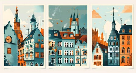 set of three posters with retro vector illustrations of an old European city