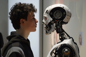 Poster - A woman and a robot gaze at each other in a high-tech environment, A robot and a human engaged in conversation, AI generated