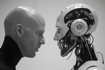 Poster - A woman and a robot lock eyes in a sci-fi scene, A robot and a human engaged in conversation, AI generated