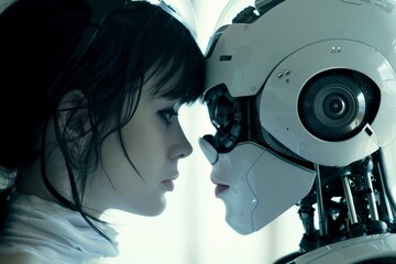 Poster - A woman and a robot lock eyes in a sci-fi scene, A robot and a human engaged in conversation, AI generated