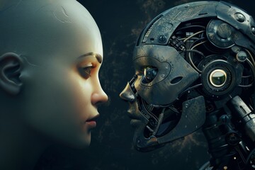 Poster - A woman and a robot make eye contact in a futuristic setting, A robot and a human engaged in conversation, AI generated