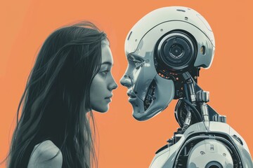 Poster - A woman conversing with a robot , A robot and a human engaged in conversation, AI generated