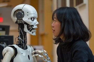 Poster - A woman conversing with a robot , A robot and a human engaged in conversation, AI generated