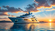 © icemanphotos - Luxury superyacht, megayacht at sunset. Family travel adventures on luxury yacht at sunset. Rich abundance lifestyle. Tranquil relaxing summer tourism. Vacation transportation, rental, sale. AI gen