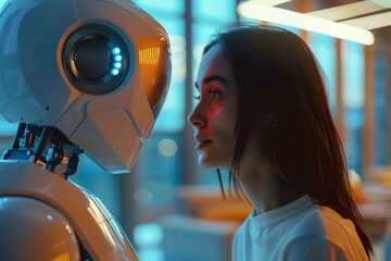 Poster - A robot and a human engaged in conversation, A woman, seated on a sidewalk beside a robot AI generated
