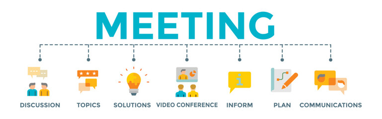 Meeting icon banner web illustration with communications, topics, solutions, plan, inform and video conference icon for business meeting and discussion	