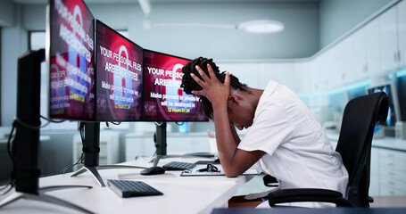 Aufkleber - Medical Hospital Malware Ransom Extortion Breach. Shocked Doctor