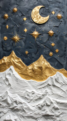 Sticker - Starry night sky over mountains on a concrete wall, golden and white, volumetric stucco molding