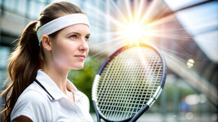 Wall Mural - Portrait of Female Tennis Player on Court with Sunflare
