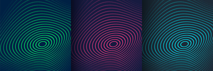 Wall Mural - set of abstract pink, green or blue radial lines pattern on dark background in perspective view. fut