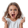 © zenith - A young girl with long hair is screaming and pointing her finger at the camera. She has a mouth full of teeth and she is very angry