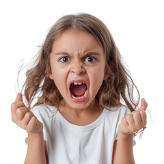 a young girl with long hair is screaming and pointing her finger at the camera. she has a mouth full