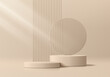© JE48 - Realistic 3D beige cylindrical podium background with round glass, Vertical stripes scene. Minimalist mockup pedestal, Abstract product display presentation, Stage showcase. Platforms vector design.